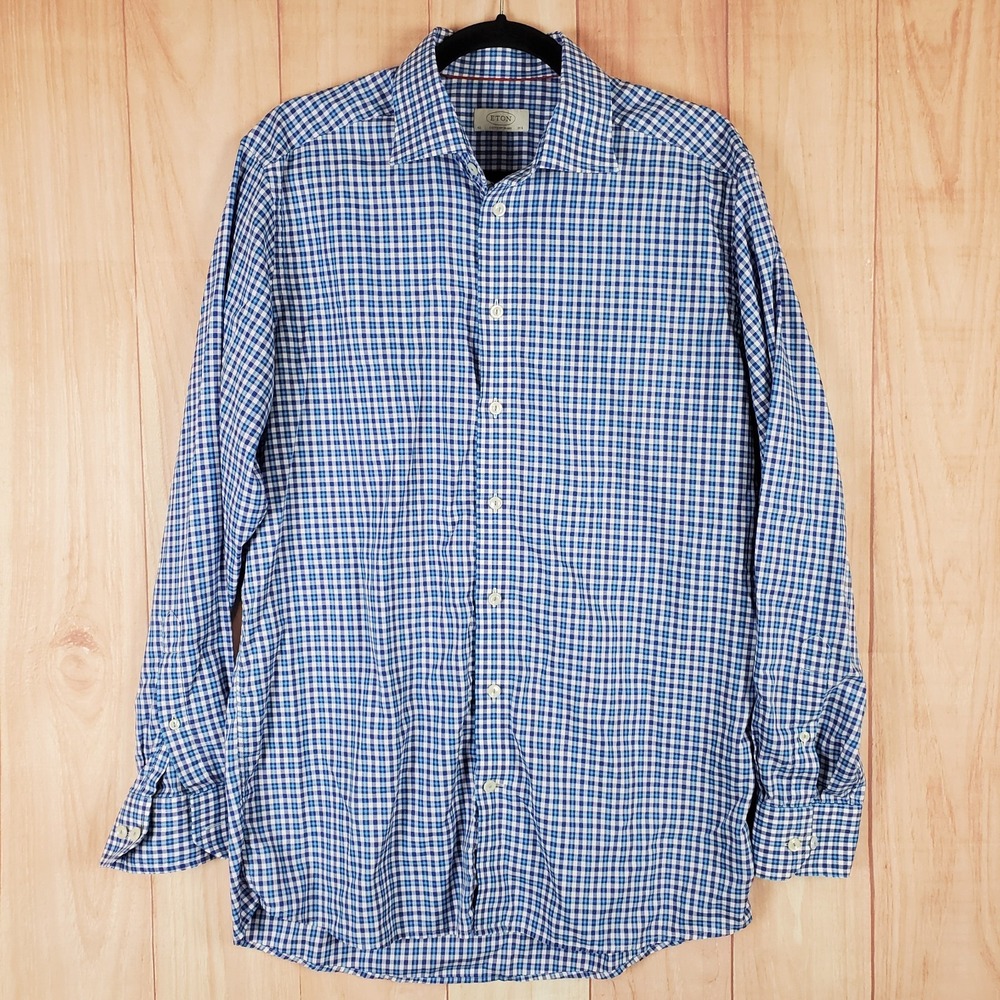 Eton Mens Dress Shirt Sz XL‎ 42-16 1/2 Blue Checkered Contemporary Button-Up